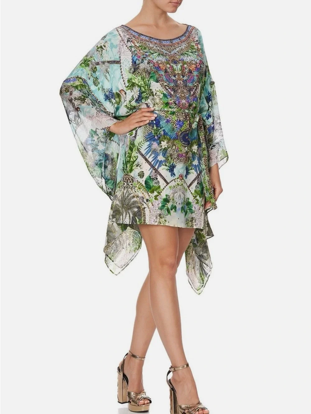 Camilla Silk Moon Garden Floral Multicolor Rhinestone Kaftan Mini Dress - Picture 4 of 7